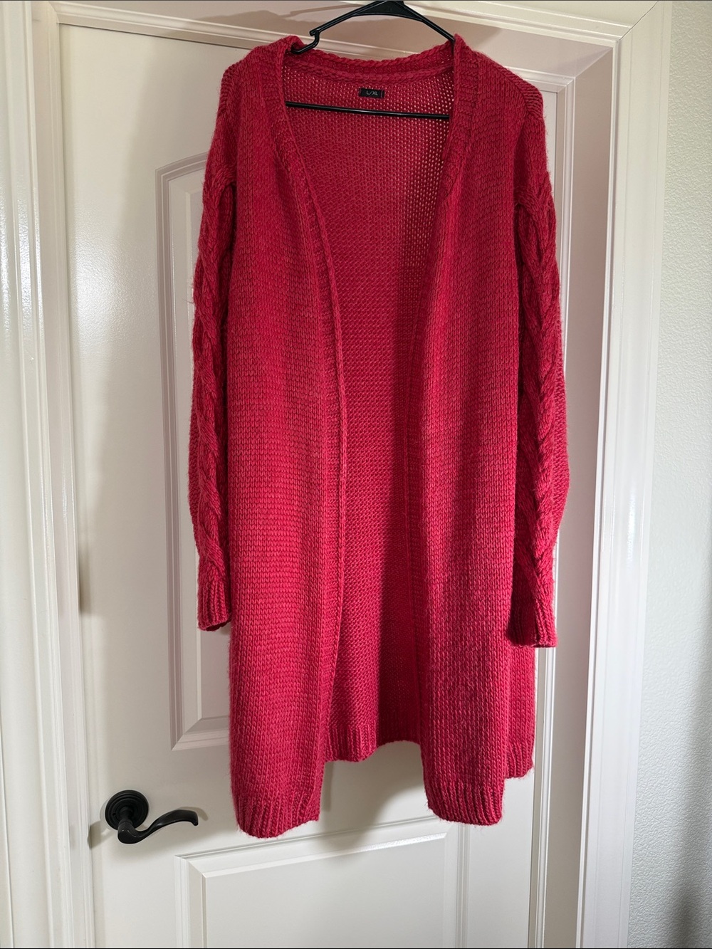 Women's Open-Front Cable Sleeve Long Cardigan Sweater - Red